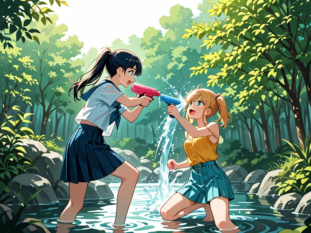 Masterpiece, highest quality, high resolution background, bright and beautiful atmosphere, 2 girls (2 years old, 1 short-tempered round face), 1 child) (hair, surface effects), small breasts, sports club, wiping sweat A girl taking water from a tumbler, her face turned slightly upwards, muscle training equipment lined up, "deltamon_sdXL :0.73) >Deltamon"