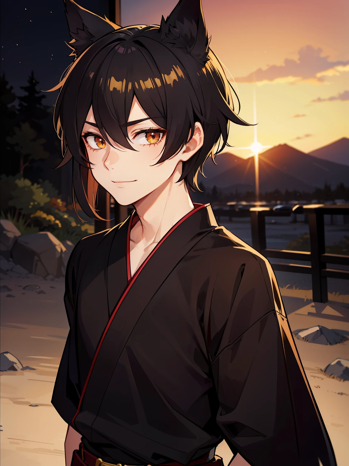 (high-quality, breathtaking),(expressive eyes, perfect face), symmetrical eyes, 1boy, male, solo, young adult, black hair , gold coloured eyes, gentle smile, short hair, loose hair, hair between eyes, japanese clothing, black shirt with a red trim, black and red shorts, brown belt, black fox ears on top of his head, upper body, waist shot