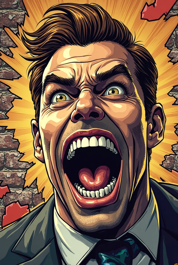 Comic Book Smash"**
"Extreme comic book style punch close-up with kinetic motion lines and 'POW!' sound effect integrated into the image. Exaggerated facial deformation, teeth flying, with Ben-Day dots coloring. Background features shattered brick wall."