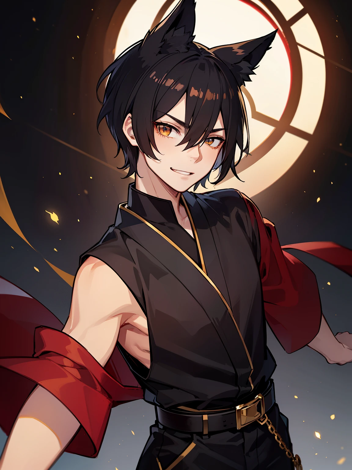 (high-quality, breathtaking),(expressive eyes, perfect face), symmetrical eyes, 1boy, male, solo, young adult, black hair , gold coloured eyes, gentle smile, short hair, loose hair, hair between eyes, japanese clothing, black shirt with a red trim, black and red shorts, brown belt, black fox ears on top of his head