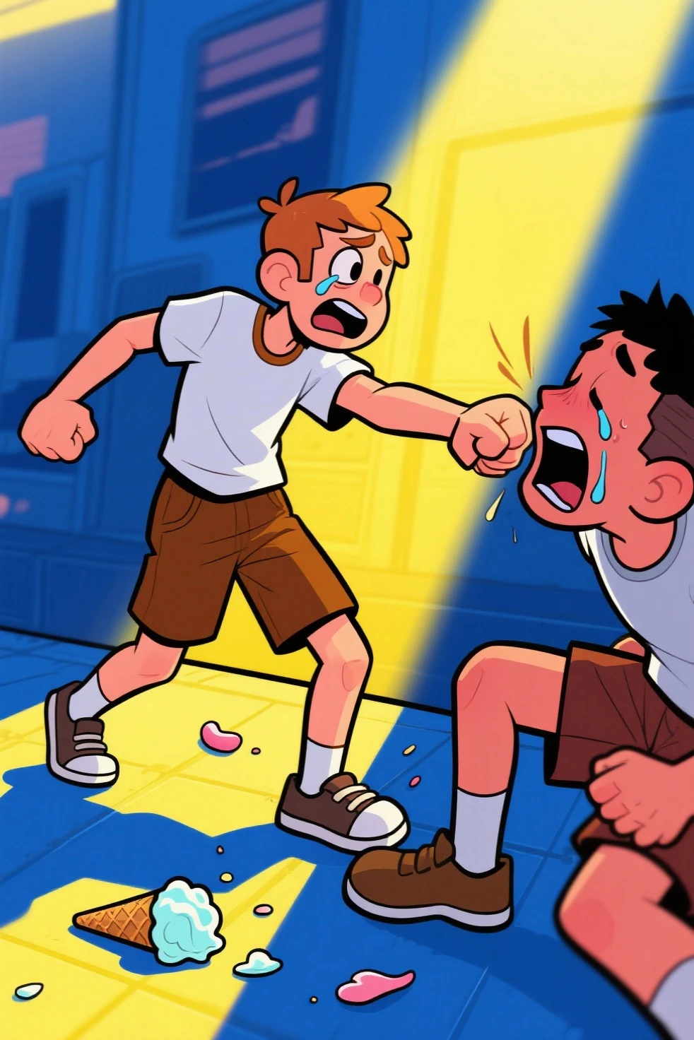 high quality.  stands and punches a  in brown shorts and a white t-shirt in the face. they cry and scream. There is fallen ice cream on the floor.