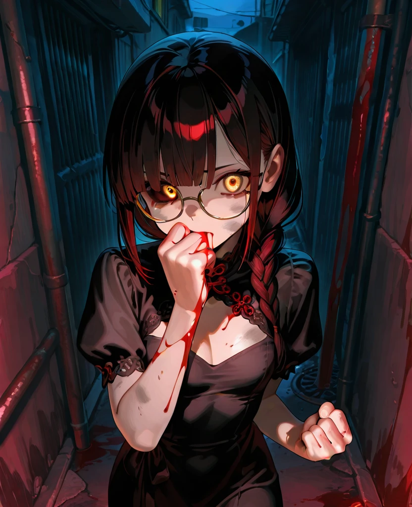 Kuchisake-onna Super Extra large breasts breast enlargement, red coat, long hair, red eyes, black garter stockings, black bikini full-body shot, looking at the camera, standing alone in the rain, holding a large scissor in her right hand, cracked lip, stitches, smiling