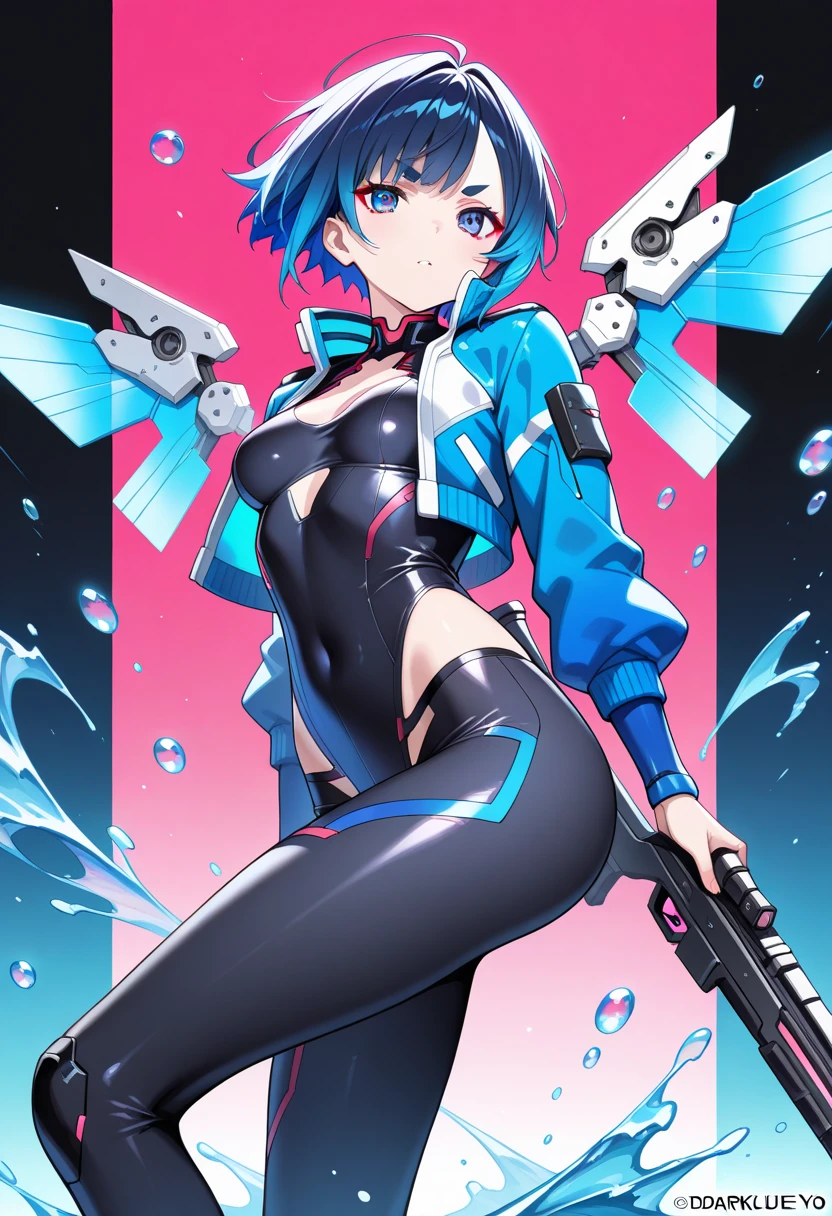 1girl, medium breasts, thick thighs, hourglass figure, toned, smile, light smile, blue hair, light blue hair, blue eyes, very short hair, pixie cut, shoes, sneakers, socks, ((socks)), bikini, black bikini, jacket, black jacket, open jacket, neon trim, neon, neon lights, blue trim, tech, machinery, science-fiction, futuristic, bunny ears, rabbit ears, cropped jacket, ((cropped jacket))