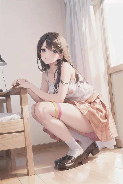a receptionist woman, drooping eyes, realistic skin, light-makeup, dark-color-shirt, (enjoying shows off her panties and rugged-sneakers), pubic hair, tiny earrings, thin necklace, deserted place outside,