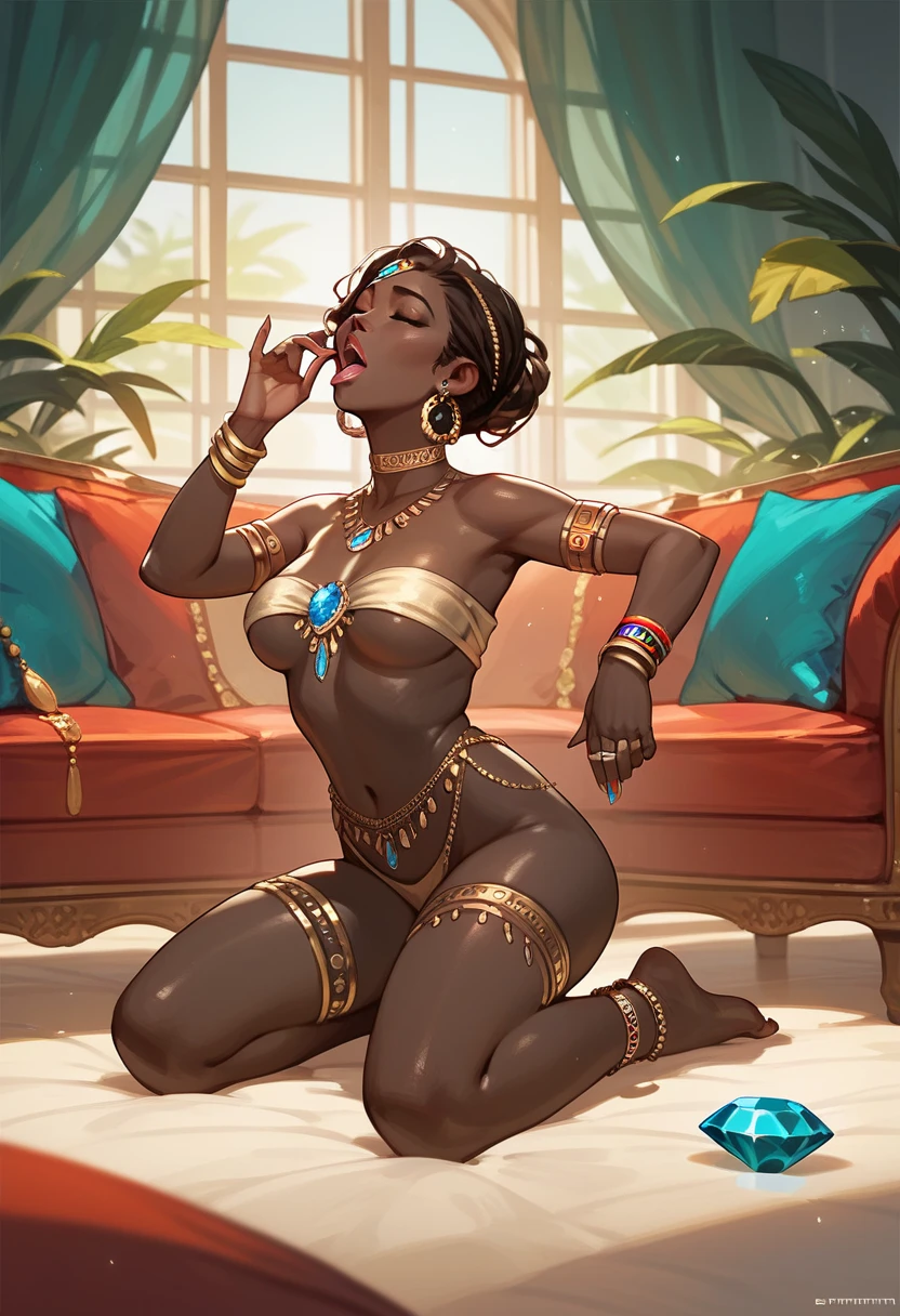 ​masterpiece,(real image, intricate detail, depth of field),mysterious atmosphere,one Futuristic african Queen,sexy Cleopatra Dress,erect nipples,lewd atmosphere,ashamed look,candlelight,(super huge gigantic breast:1.3),(sweaty skin),tanline, Bewitching Dresses,brown skin,wide hips,Whipped legs,translucent,((penis and 1woman,blowjob,entangle the tongue))