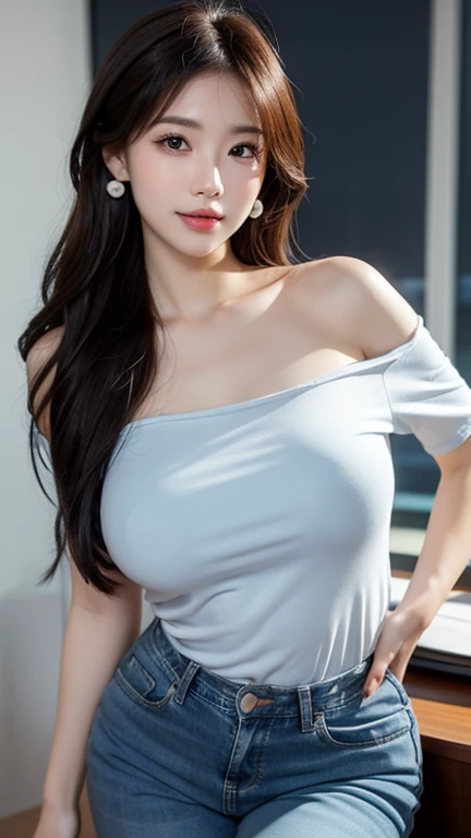 beautiful girl,sexy,big breasts,Wear a long-sleeved t-shirt with bare shoulders.,taking a shower