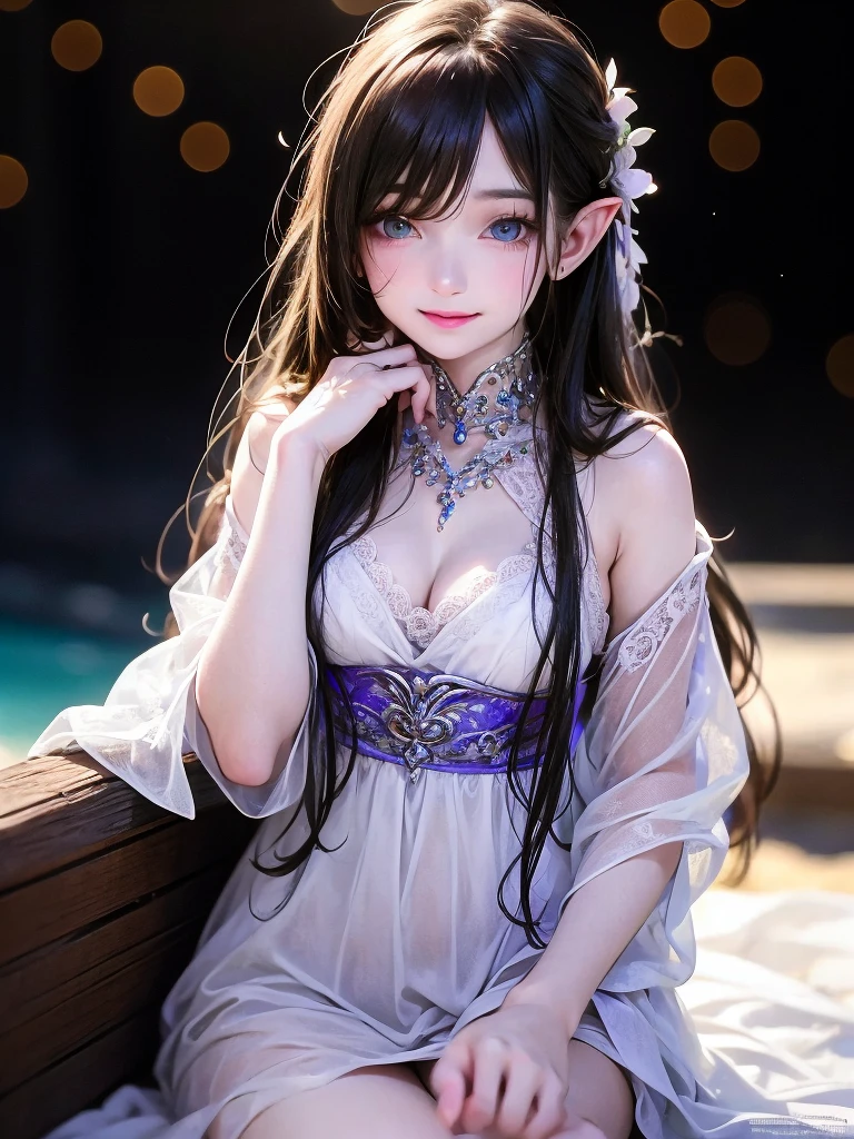 Elf, white skin like china, 20 year old woman, fantasy world, flowers in background, blurred background, side-string, piercing ears, wet thin white cloth wrapped around body, live action, f/1.8, 85mm, canon, high detail, high resolution, 8k, 16k, covering breasts with white cloth, covering waist with cloth, bathing, wet thin clothes, smiling, spring, sitting, hiding breasts with both hands, Chest up, with upturned large tips, upper body, close up face, cleavage
