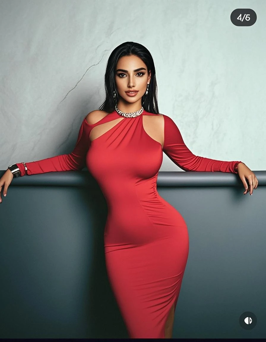 a woman posing for a picture, arabic goddess, arabic, beautiful goddess, middle eastern girl, arabic super model, beautiful, gorgeous woman, middle eastern with long, sweet shy arabic, gorgeous beautiful woman, beautiful middle eastern girl, extremely detailed, jaw-dropping beauty, big deep cleavage, very sweet look, charming girl, simple tight dress, tight maxi dress, on a red Carpet, modern mall, beautiful girl in a tight dress, gray wall behind her, ((red tight gown dress)) direct light, red carpet light , dark light, ((k-cup breasts))) black wall behind her , ((Kim k body)))
