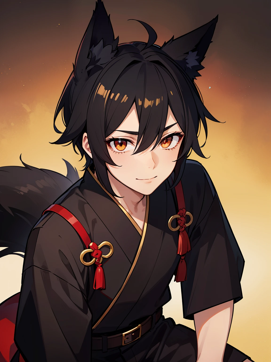 (high-quality, breathtaking),(expressive eyes, perfect face), symmetrical eyes, 1boy, male, solo, young adult, black hair , gold coloured eyes, gentle smile, short hair, loose hair, hair between eyes, japanese clothing, black shirt short sleeved with a red trim, black and red shorts, brown belt, black fox ears on top of his head