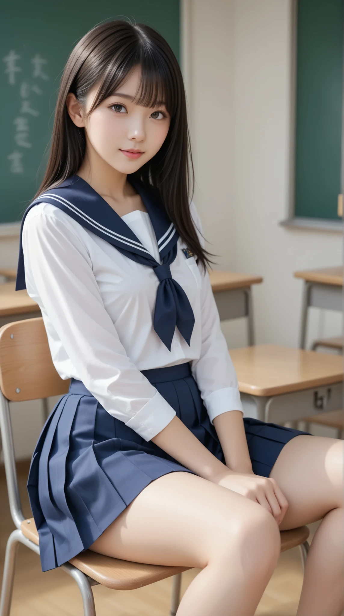 8k, highest quality, real image, intricate details, Super detailed, ultra high resolution, depth field,(realistic,realistic:1.2), (small breasts:1.2), japanese girl, very beautiful 17 year old girl, (beautiful breasts:1.5, highly detailed eyes:1.2), (beautiful breasts:1.1), bangs, perfect skin, Fair skin, tight waist, looking at the viewer, black hair, hair behind the ear, shoulder hair, long hair, no makeup、In a high school classroom, During class, light smile, (high school sailor suit:1.2), navy pleated skirt, sitting next to the viewer