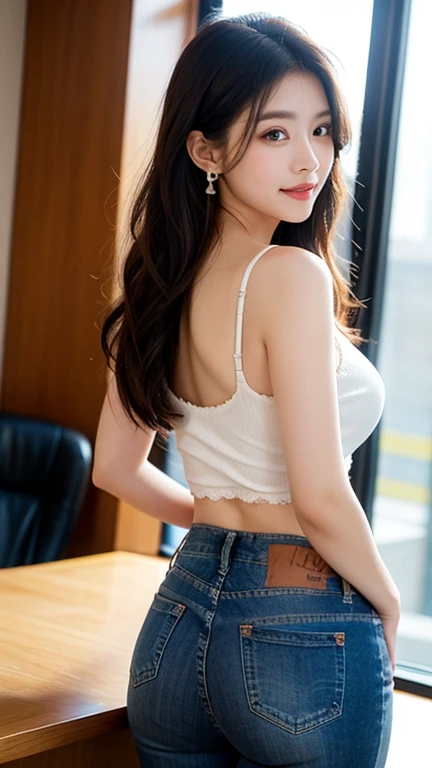 Best quality, masterpiece, ultra high res, in a bar (photorealistic:1.4), (a beautiful woman),(( knitted bra)),  (blue jeans), , cleavage, travel bag, big breast,  Emphasize ass, curvy waist, slender abs, shiny white skin, seductive smile, bokeh, back view, skyscrapper on the background, little bit hip shown out of jeans