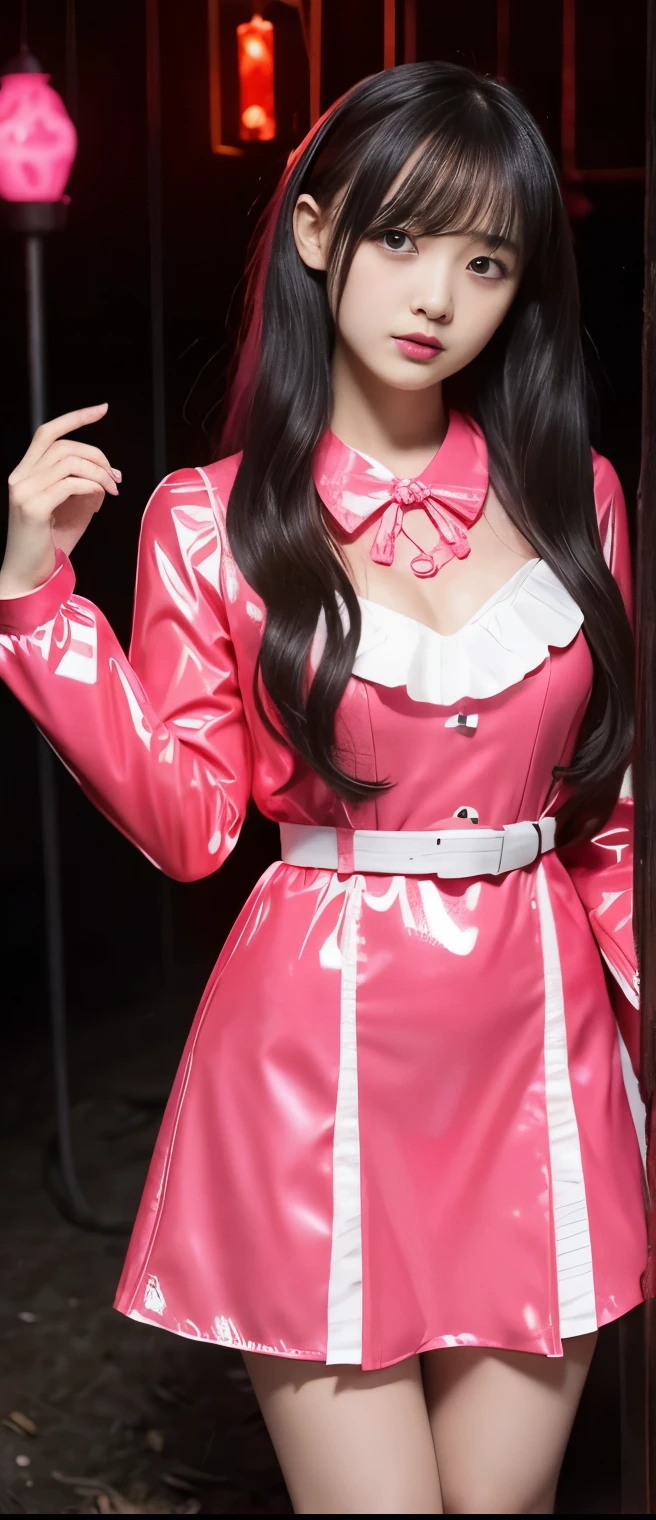 pure idol girl、A pure girl's face、 hypo、、ghost latex mini dress（fluorescent red pink）、、Phantom Belt、The glowing haunted house、