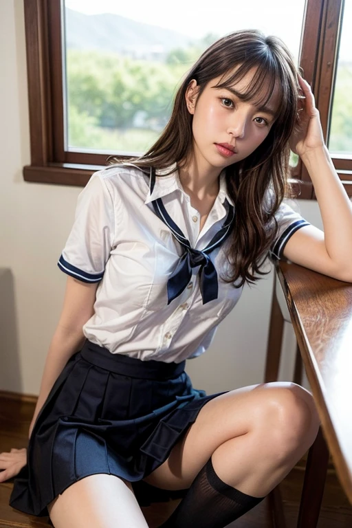 ulzzang-6500-v1.1, (raw photo:1.2), (photorealistic:1.4), beautiful detailed girl, very detailed eyes and face, beautiful detailed eyes, ridiculous, incredibly ridiculous, huge file size, super detailed, high resolution, very detailed, best quality, masterpiece, kemomimi, ((Japanese girls' high school uniform)), illustration, very detailed, CG, unified, 8k wallpaper, amazing, Fine details, masterpiece, best quality, very detailed CG uniform 8k wallpaper, light on face, cinematic lighting, 1girl, , ((no panties)), ((dynamic pose))), (camel toe), (half), (pantyhose), (knee-bending leg sitting))