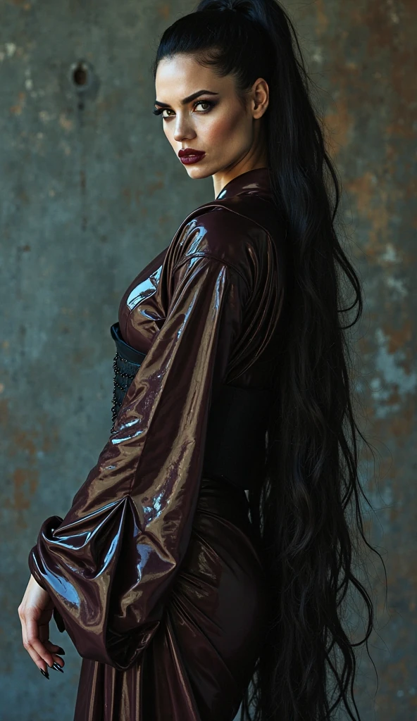 Photograph, of a woman, with long black hair, she has a small, thin face with sunken cheeks. She is dressed in a long black leather outfit and glittering, she is standing, sexy and provocative, her outfit shows her generous curves, she raises her hands and arms against her head, she raises her head high and closes her eyes. There is a subdued atmosphere with a very dark and black atmosphere, there are several rays of green light, very realistic.