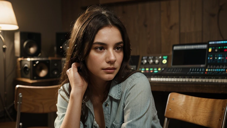 grainy old realistic photo of a beautiful female singer sitting in a crowded messy dusty, cozy audio studio with vintage amps, synts, old used speakers, wires, microphones, audio equipment, in 1973, posters on the wall, paper notes on the floor, extreme high quality, volumetric lighting, light rays shining trough the windows, cinematic lighting, backlights, crimson sunset, depth of field, retro, low angle shot, perspective, ambient occlusion, misty, old, warm, intimate, perfect anatomy, symetric face, 70's fashion by Chris Burkard