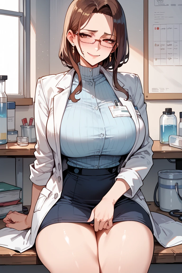 ((Tabletop, Highest quality, High resolution, , Pixel Perfect, 4K,))), 1 female teacher, single, alone, beauty、The whole body is visible、 ((Mid-wave hair, bangs, Brown Hair)), ((Brown eyes, Beautiful eyelashes, Realistic eyes)), ((Detailed face, Blushing:1.2)), ((Smooth texture:0.75, Realistic texture:0.65, Realistic:1.1, Anime CG Style)), Center of chest, Dynamic Angle, Perfect body, (( , , Wearing a white coat、Female doctor、Nipples are slightly visible、, 、))、、Very embarrassing panic smile, 、black flared skirt、classroom、Sit on a chair、Roll up your skirt to show your panties、、(Showing off her white and pink floral lace panties、)、Angle from below)、