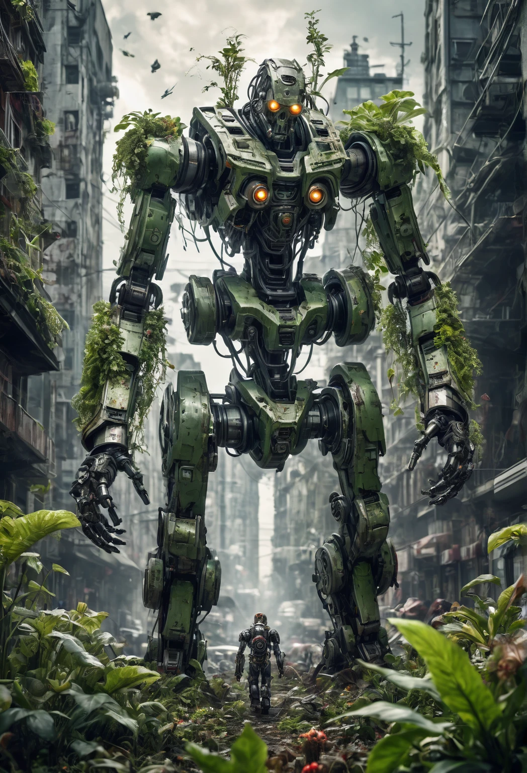 a symbion between a plant and a zombie, merged as one, mecha world, zombie apocalypse scene, uhd, ultra detailed, epic realism