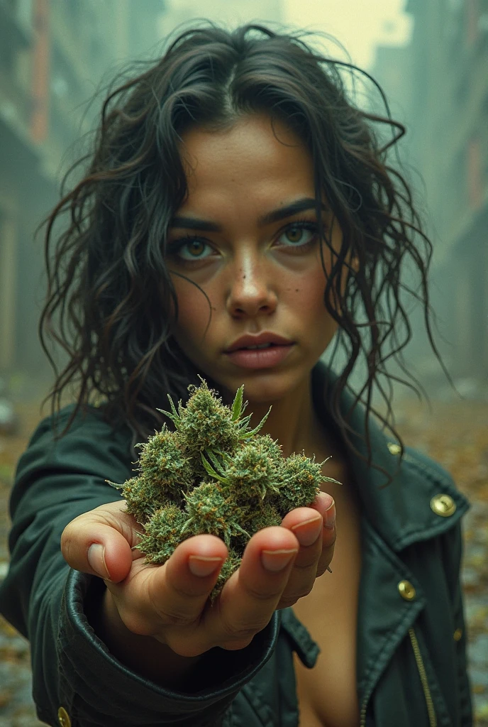 Cute hippie girl with dark brown dreadlocks, wearing a white blouse with a Bikini Cannabis logo , umringt von cannabispflanzen in einem cannabislabor