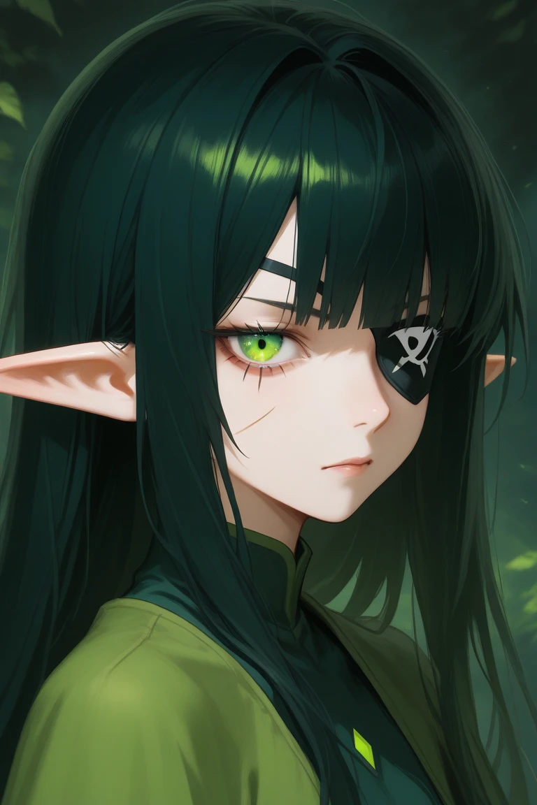 (((Thick, shiny, medium-length black hair with curly strands that fall over the forehead.))), Blue or green colored hair streaks to add a distinctive touch., (((Wide, sharp eyes of bright green color, with a slight sparkle.)))Fair-skinned with a small scar on the cheek or above the eye, he wears a uniform similar to that of traditional demon hunters in anime with special touches such as a different color or additional details such as an ornate belt or a long robe in dark colors. His facial expressions are often serious or wary, with a deep look that indicates his experience and expertise in battles.