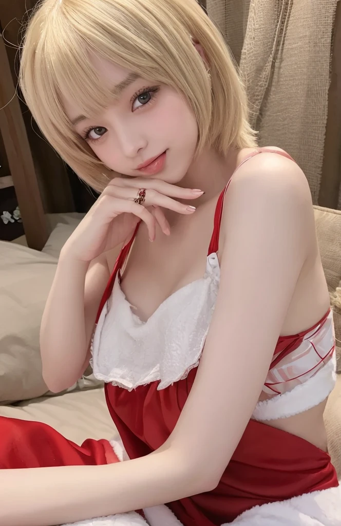 vests、masterpiece、An ultra-high picture quality、realisitic、(14 year old extremely cute girl)、embarassed face、Blonde hair color、(beutiful breast、Beautiful valley、Constriction waist、big butts)、Bokeh、micron、glowy skin、headw、fullllbody、Beautiful collarbone、cleavage of the breast、Detailed eyes、santa 、a red skirt、Wearing a red cloak、on the beds、((lying on one's side))、、Medium full shot from above、spread legswide、Beautiful fingertips、