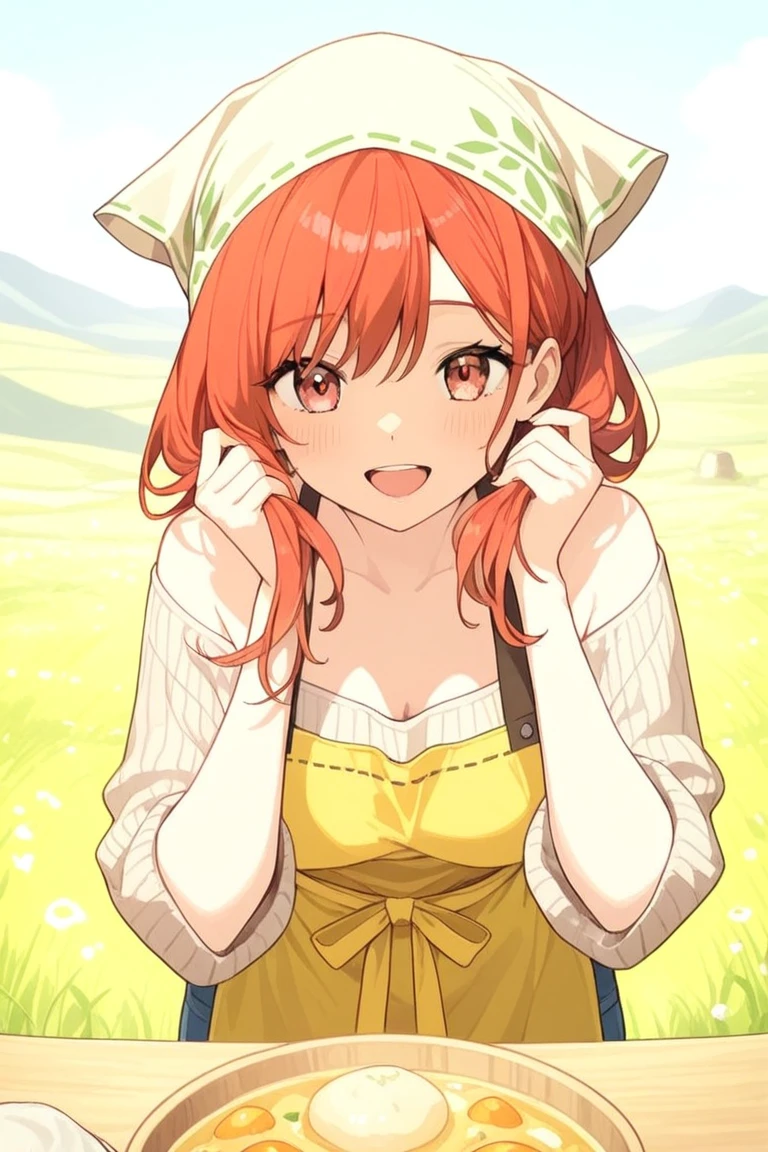 tmasterpiece, Best quality at best, A high resolution, amira, long whitr hair, Pin the bangs at the back of the head, Top knot, forehead, Collar, Bare shoulders, Chopping, red mini short , exercise well,the bow, Sleeveless, cow boy shot, Permanent, Outdoor activities, Riman, ssmile, the shy, A blushing smile,Show butt