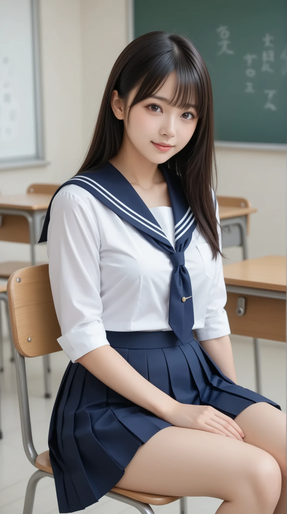 8k, highest quality, real image, intricate details, Super detailed, ultra high resolution, depth field,(realistic,realistic:1.2), (small breasts:1.5), (embarrassed:1.3), (abashed:1.3), 1 Japanese girl, very beautiful 17 year old girl, (beautiful breasts:1.5, highly detailed eyes:1.2), (beautiful breasts:1.1), bangs, perfect skin, Fair skin, tight waist, alone, looking at the viewer, black hair, hair behind the ear, shoulder hair, long hair, no makeup、In a high school classroom, During class, light smile, (high school sailor suit:1.2), navy pleated skirt, sitting next to the viewer