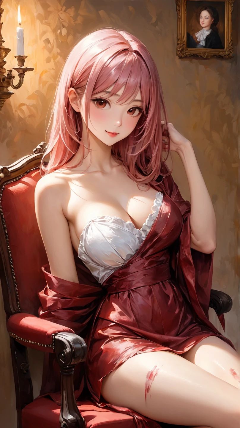 (Masterpiece, BestQuality:1.3), (ultra detailed:1.2), (hyperrealistic:1.3), (RAW photo:1.2), High detail RAW color photo, professional photograph, (Photorealistic:1.4), (realistic:1.4), (Pink Hair:1.5), professional lighting, perfect anatomy, (Big Breasts:1.2), (blush, detailed face), (A happy smile:1.7), Trending Hair&Trending Hairカラーをランダムに, earrings, necklace, bracelet, sexly, erotic sexly, Random sexy gravure poses, (Sexy beauty in a red silk dress、Luxurious hotel lounge、Smiling and looking away、Straight long hair、Sitting on a sofa with legs crossed。:1.3)