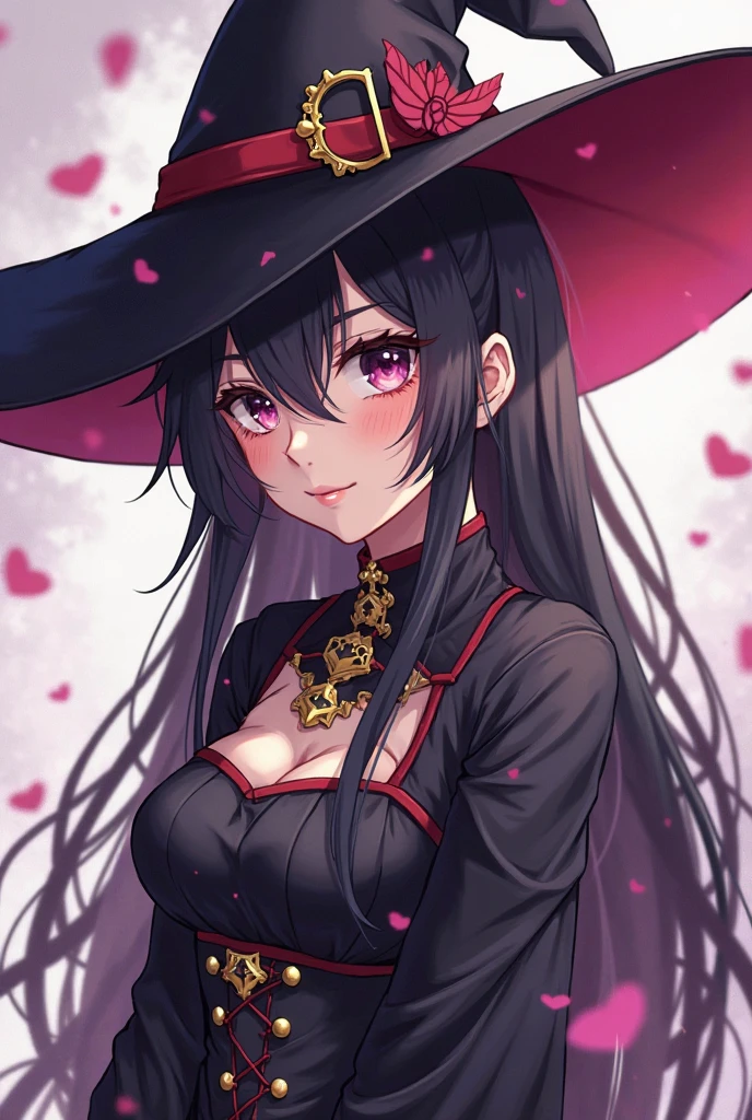 "the Extremely Detailed CG Unity 8K Wallpapers,tmasterpiece,Best picture quality,【😊Colored Forest,depth of fields,Lots of splashing droplets:1.2,petals,Toys surround,ventania,Foliage,grassy fields,volumettic light】Black hair,Black hat,Be red in the face,ssmile,cleavage,Large breasts,Off-the-shoulder attire ,the original god,Ino,Off-the-shoulder,genshin impact,walnut,Token on hat,Red eyeballs
