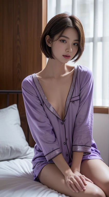 (8k, Photorealistic, Raw photo, Highest quality: 1.4),Japanese idol-style beautiful girl,18-year-old,Short Bob,Silver Hair,Big, clear grey eyes,Long eyelashes,Healthy, plump lips,She was wearing black silk pajamas, all of the buttons undone, with the collar hanging down to her shoulders, exposed to her bare skin.,Both shoulders are visible and the chest is open wide.,Shorts.Waking up.Her arms are pressed together and her hands are on the bed,Sitting with a slouch,Looking at the camera
