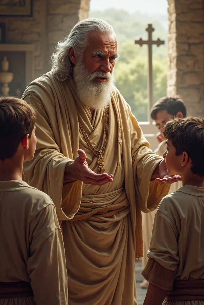 Old man talking with young sons, Biblical characters from the New Testament of the Bible,