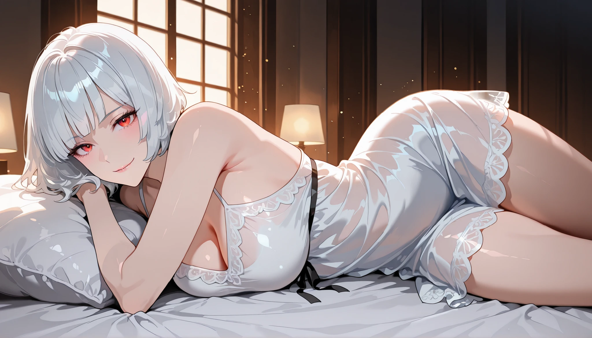 (((best quality)), ((masterpiece)), (details), masterpiece, best quality, high quality, ulutra detailed, perfect face, ((1girl, blue eyes, cat ears: 1.3 silver bob hair: 2.5,)) 、Shiny Hair、Glowing Skin、blush、Lustful look、Sleep in bed、Side Angle、whole body、Lace purple babydoll、barefoot、Purple lace panties、Butt、Sideboob、Prone