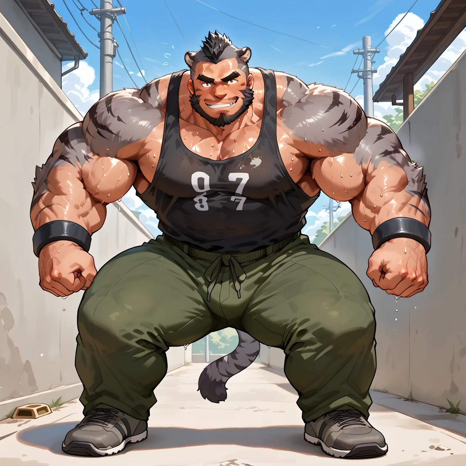 

A white dragon orc，Strong build，Muscular，Like a born strong man。His skin looks healthy and fair.，Muscle and fat intertwined，Create unique skin texture，Complete and powerful。

His arms are as strong as iron pillars，chiseled muscles，Seems to contain infinite power。Broad palms，Sharp fingers and claws，Showing his wildness and strength。

His chest is very broad.，Muscle bulge，As if it could withstand any impact。Good abdominal muscle lines，The waist is full of strength，Like an indestructible mountain。

His legs are Muscular，Seems to be able to overcome any obstacle。Calf muscle lines are smooth，Full of power，Appears strong and agile dragon&#39;The tail on the back is thick and powerful，The scales at the tip of the tail gleam with a cold light，Showing his majesty and mystery。

The whole picture is dominated by cold colors.，Emphasize the power and majesty of the White Dragon Orcs。In the treatment of light and shadow，Let the soft sunshine shine on him，Make his muscles more three-dimensional and vivid。at the same time，Pay attention to his facial expressions and eyes，He showed his perseverance and courage，Like an invincible strong man。