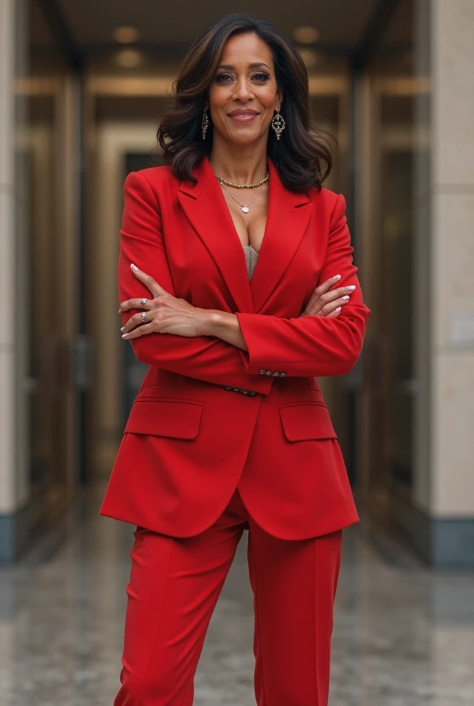 Kamala Harris in short skirt suit and thigh high stockings with curvy sensuous legs. she is smiling at the camera and pointing a toe.