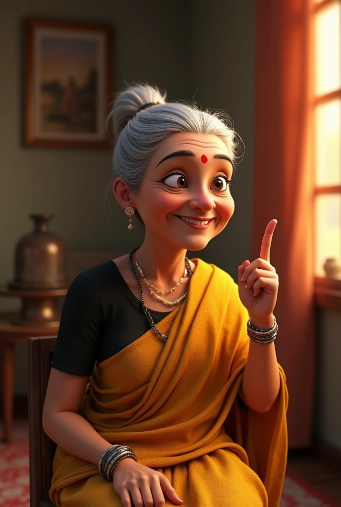 Creat cenematic cartoon style "Saas (Mother-in-law): An elderly, kind-looking woman wearing a simple, traditional saree. She has gray hair tied in a bun and a gentle smile on her face.