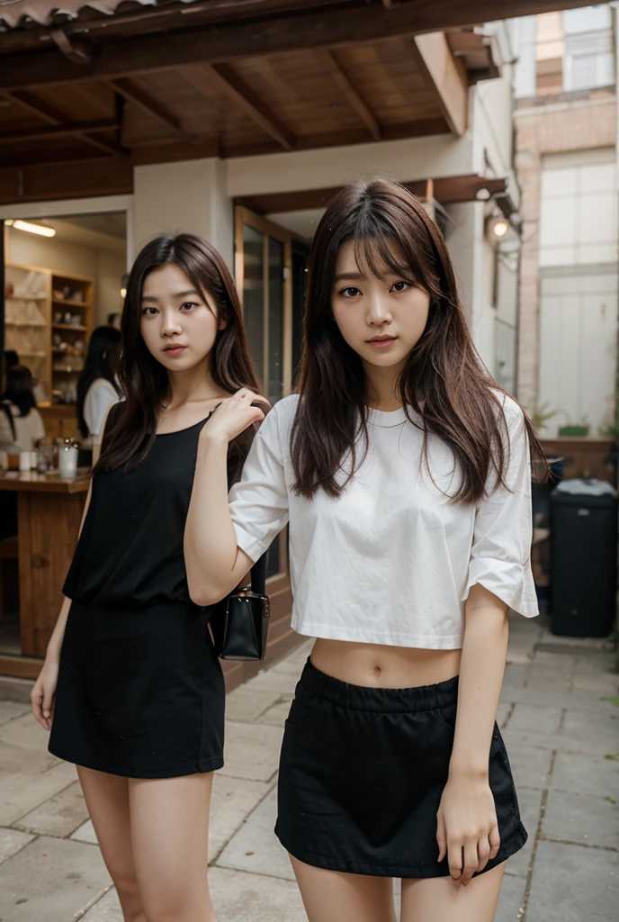 absurdres, RAW photo, extremely delicate and beautiful, masterpiece, Best Quality, ultra high resolution, 16k, hyperrealistic, ultra-detailed, perfect anatomy, super Detailed skin, perfect figure, Very detailed CG 8k wallpaper, in her 20s, very Slim body, narrow waist, very small head, very small face, delicate facial features, tearful mole, earring, thin legs, (very huge round breasts), ((full body shot)), short hair, (wavy hair), light brown hair, (((3 girls))), ((sweat)), (((chef uniform))),