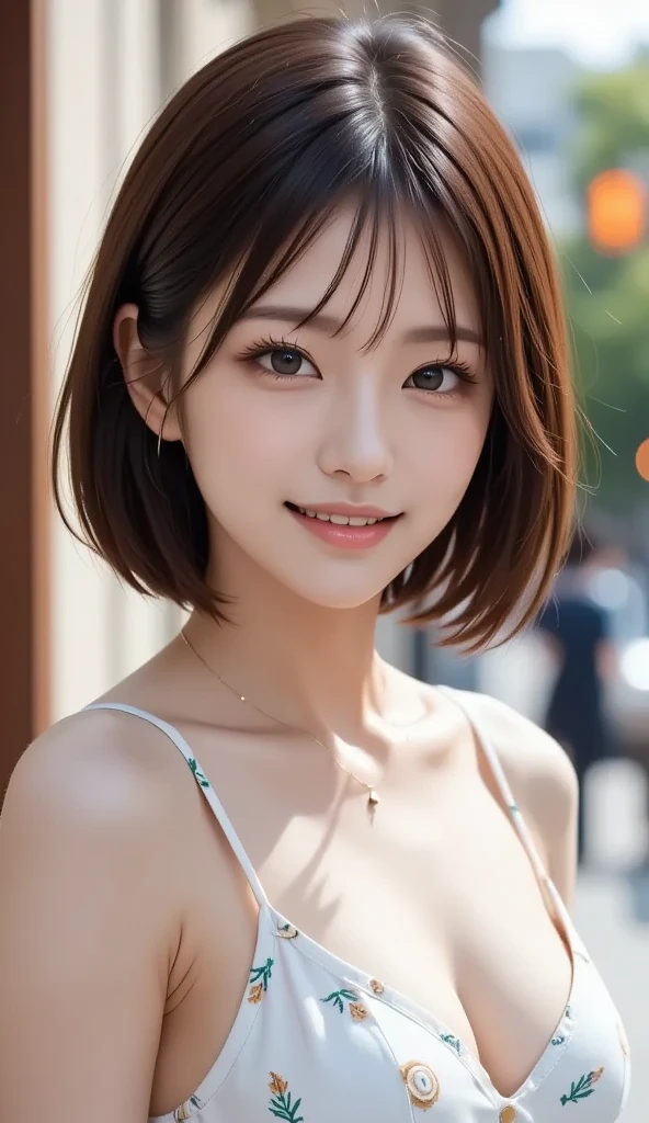 table top, highest quality, shape, Super detailed, finely, High resolution, 8k wallpaper, 完璧なダイナミックな構shape, beautiful and detailed eyes, tokyo trend夏ファッション,tokyo trend&long hairstyle, small breasts, natural color lip, random sexy pose,cute smile,20 year old girl、beautiful and detailed face、perfect and beautiful face,Big eyes、Wear outerwear、beautiful and detailed face、perfect and beautiful double eyelids、blur the background、Big eyes, perfect and beautiful face、Feminine poses、show cleavage,bare shoulders,blur the background、slim face and style、blur background,Ocean,tropical rain forest,Ocean,dense forest