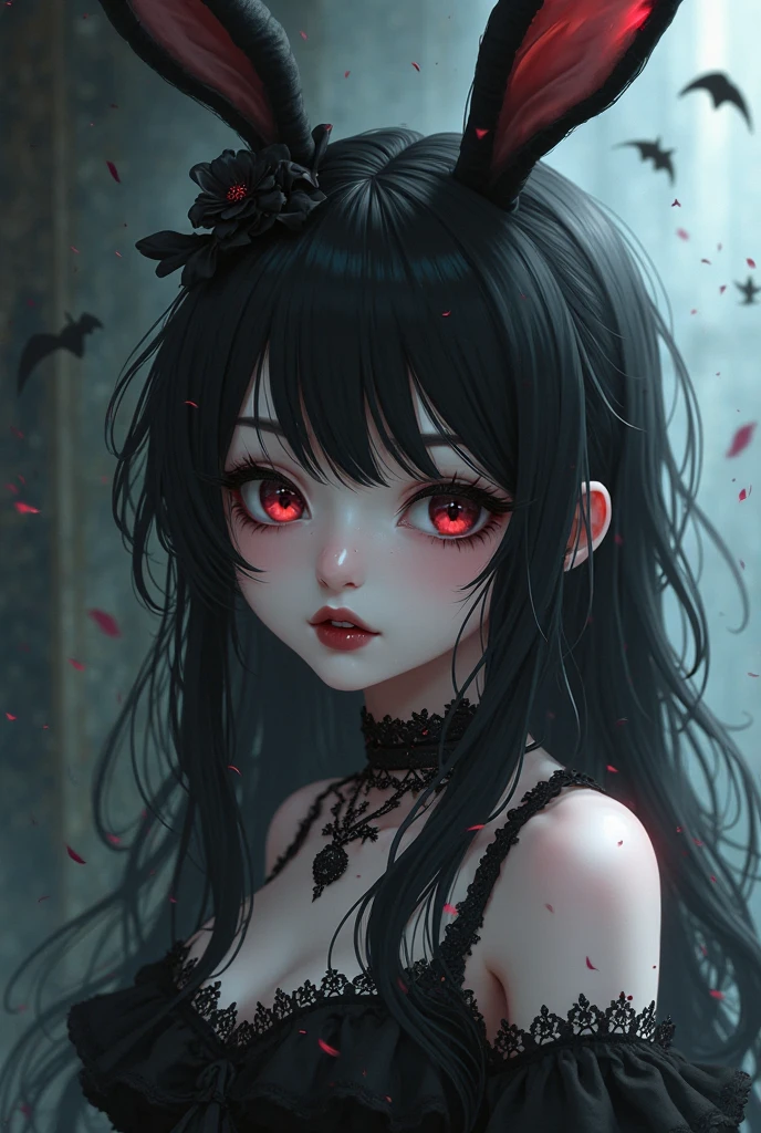 1 girl,Depp's Sense,confused,catch light,Super beautiful illustration,(black color,long hairstyles:1.6),turn around,dark dark eyeshadow,bright red lipstick,Gothic Lolita,Upper body,;d,beautiful and delicate flowing hair,delicate and detailed red eyes,emphasized chest,big breasts