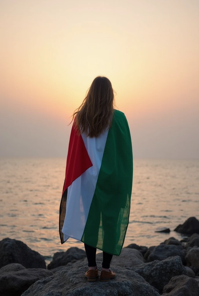  Arab Muslim woman, holding Algerian flag, stands on beach and smiles at camera. She is wearing 