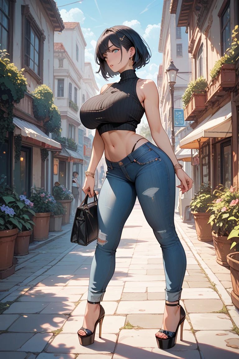 8k,UHD,Top-quality,Ultra high definition 8K illustration wallpaper,Super high resolution,Masterpiece,Intricately detailed,Blurry background,Depth of field,Tonemapping,Sharp focus,Trending on Artstation,Looking at viewer,Dynamic angle,Full body,1girl,Solo,(Tomboy),(Sporty girl),(Tall girl),Gigantic breasts,(Dark skin),(Colorful sports cap),(Open colorful jacket),(Black Compression sports bra),(Denim leggings),(Jeggings),(Denim),(Jeans),(Black sneakers),Very short hair,Curly hair,Dark blue hair,Green inner hair,Hair over one eye,Heterochromia,Golden right eye,Green left eye,Black eyelids,Black eyeshadow,Expressionless,Blue sky,City,Outdoors,Thick thighs,Glowing,Sunlight,Wide shot