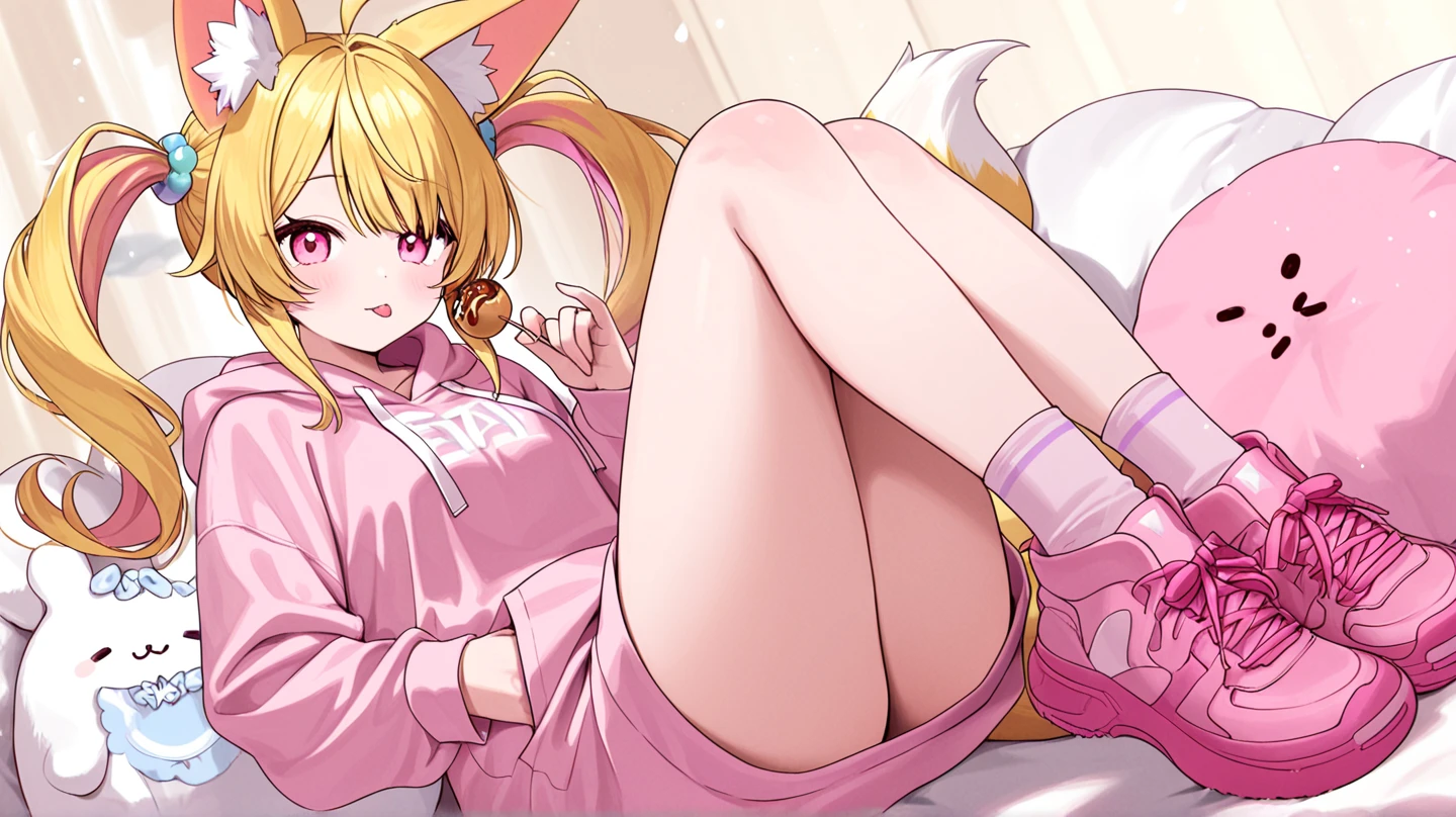 A very beautiful white girl with very long wavy light brown hair but she is very very fat and big, she weighs 700 pounds, sitting on hard floor exhausted, wearing tightly stretched pink underwear and a pink loose bra, huge butt, very large and fat legs, chunky arms, massive belly, showing off giant bottom, detailed face and eyes, perfect face, legs spread out, full body view, bigger belly, slight grin, wearing pink headband with a flower on it, wearing tight white knee socks, massive ass