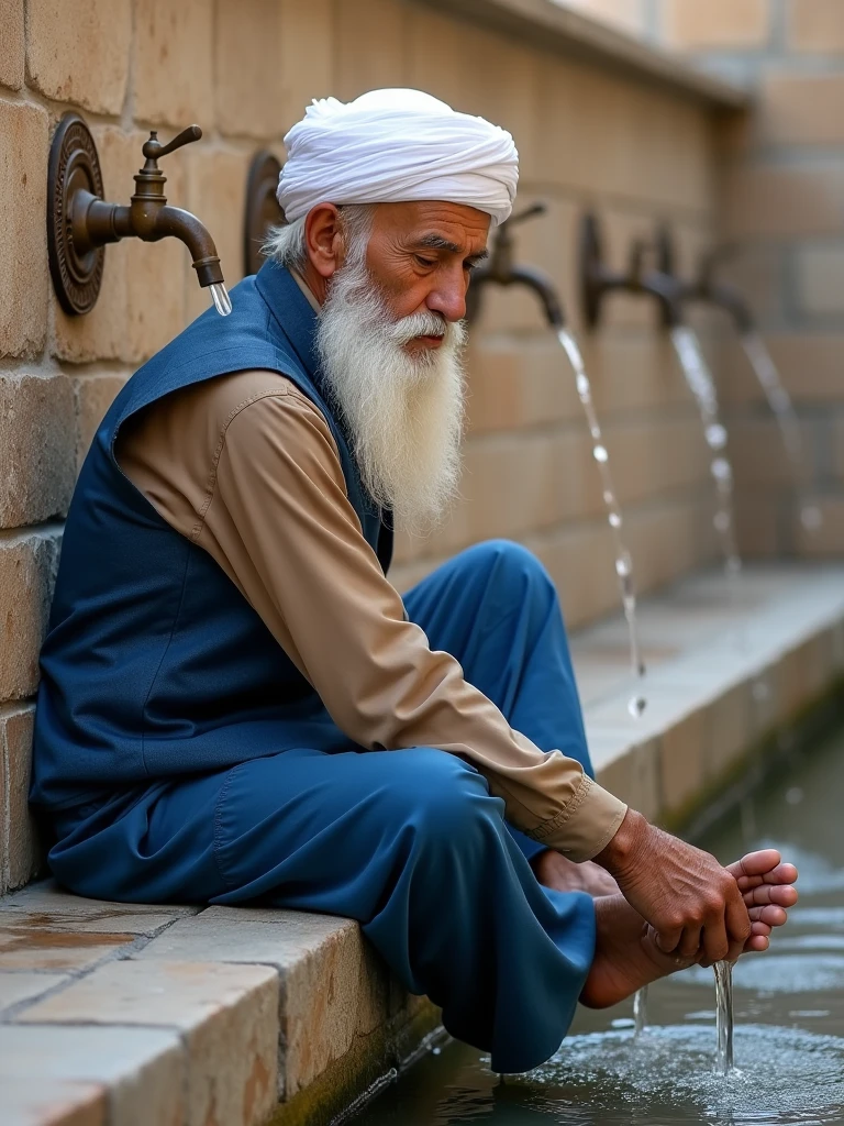 A Muslim old man is doing ablution infront of a mosque. wearing bunjabi and pagri in the head.  picture ratio is 9:16