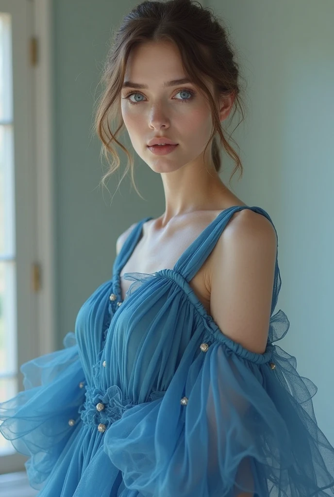 closeup shot, woman in a dress standing in front of a window, romanticism, in evening gown, flowing gown, wearing a flowing dress, mysterious woman, haunting beautiful young woman, wearing a white flowing dress, flowing dress, woman in dress, extremely moody blue lighting,