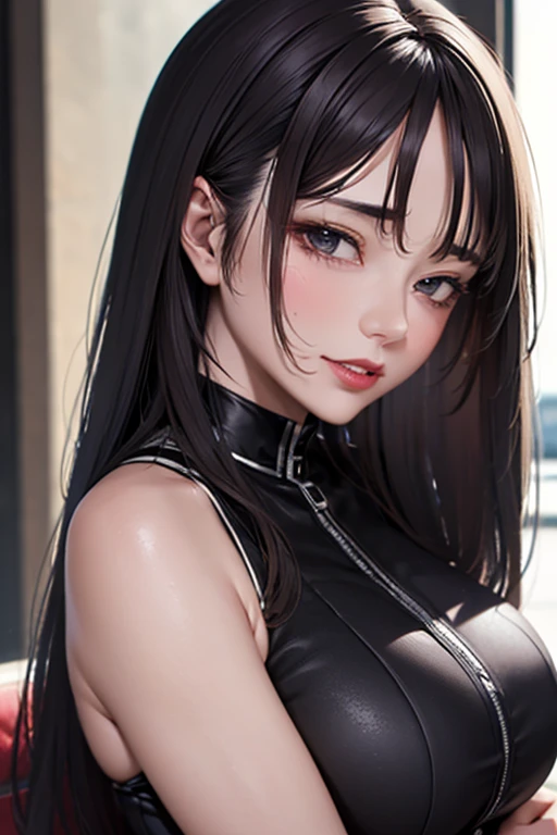 tmasterpiece,best qualtiy,8K,primitive:1.2,realisticlying:1.4,Grotesque,1个Giant Breast Girl,Sexy and revealing,Solo,ff Tifa,Most detailed,opens his eyes wide:1.3,eyes reflection:1.5,eyes with brightness:1.5,White skin,(latex body suit,latex bodysuit),full-length zipper,Slim,Thin leg,sitted,eventide,Updraft,The upper part of the body,Lens flare,cinmatic lighting,Beautiful sky and flower fields