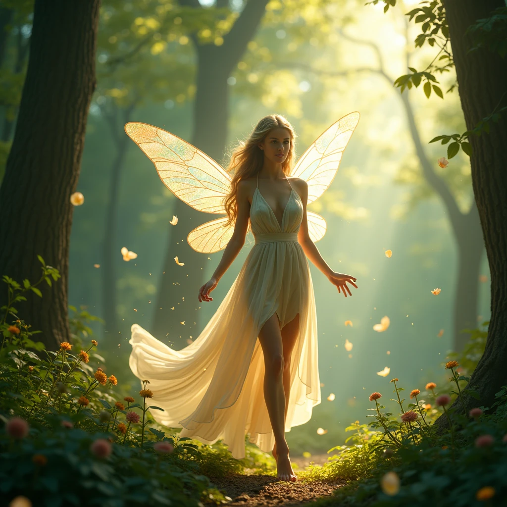 a beautiful sexy woman ultra realistic 8k walks through the forest surrounded by magical fairies 