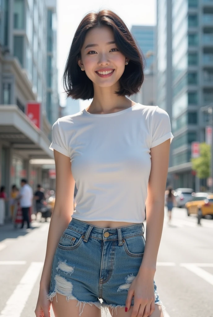 Hot sexy ultra-thin bare bare chest sheer bandeau_Extra high leg denim shorts:1.3),A little ugly face,Beautie,Seductive smile、naughty expression、Heavy breathing,Full body shot, masutepiece, Best Quality, (Photorealistic:1.4), a photography of a beautiful woman, 3 point perspective, Smiling, Perfect face, Detailed face.(standing nipple:0.8),(Outdoor photography_On the streets of the city:1.2)、Daytime(lora:covered_nipples_v20:0.6)
