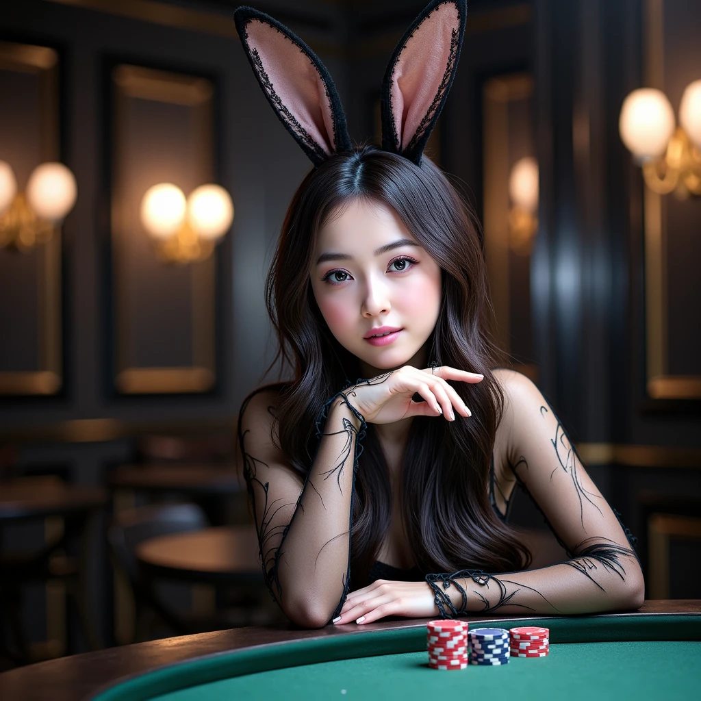 1 korean woman, big breasts, strikingly beautiful, delicate facial features, expressive eyes, black hair, red lips, erotic pose, There is a female croupier in a playboys bunny bodysuit in the casino dazzling eyes and jewels in her hair, hands reach for the lens, eyes hook the soul seduces you, a casino covered with jewels, inside a casino, casino, Vesper Lynd de Casino Royale, online casino logo, screenshot of a stunning screen, Playing Poker, video game screenshot, White Widow, levitating cards. cowboy shot,