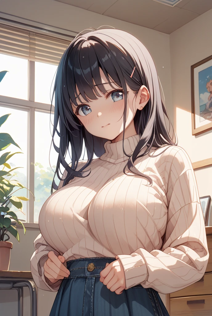 ((Highest quality)), ((masterpiece)), (detailed), woman,Age 25,(White knitted sweater),(mini skirt),Shoulder Bare,Big Breasts,blush,Underbust,(Her cleavage is visible),(Excited expression),(Seduce),night,indoor,Remains,nightのRemains,Dim lighting,(In a dimly lit room),(In a messy room),Browsing Caution,sexy,dirty,Sweat,(Black knee-high socks),(Lift your chest with both hands),(Sticking out tongue),(The mouth becomes white and dirty),
