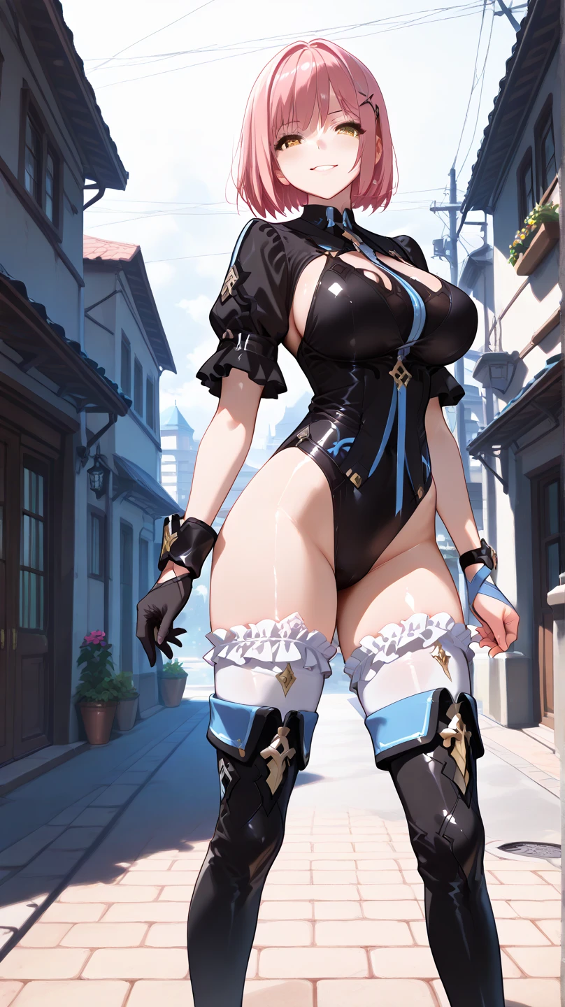 ((((ultra illustrated style:1.0)))),best quality,best animated,masterpiece,ray tracing, global illumination,hanntoumeibani, 1girl, solo,breasts, cleavage,thighhighs, gloves, looking at viewer, navel,bangs,outdoor,full body,standing,high heels,rabbit ears, fake animal ears, <lora:hanntoumeibani:0.7>