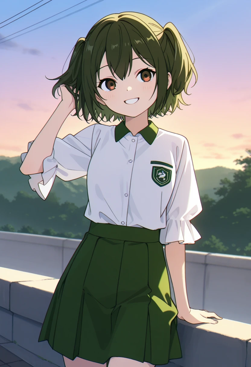 score_9, KpBackgroundGirl1, smiling, outdoors, 1 Kanne solo, collared shirt, short sleeves, green skirt