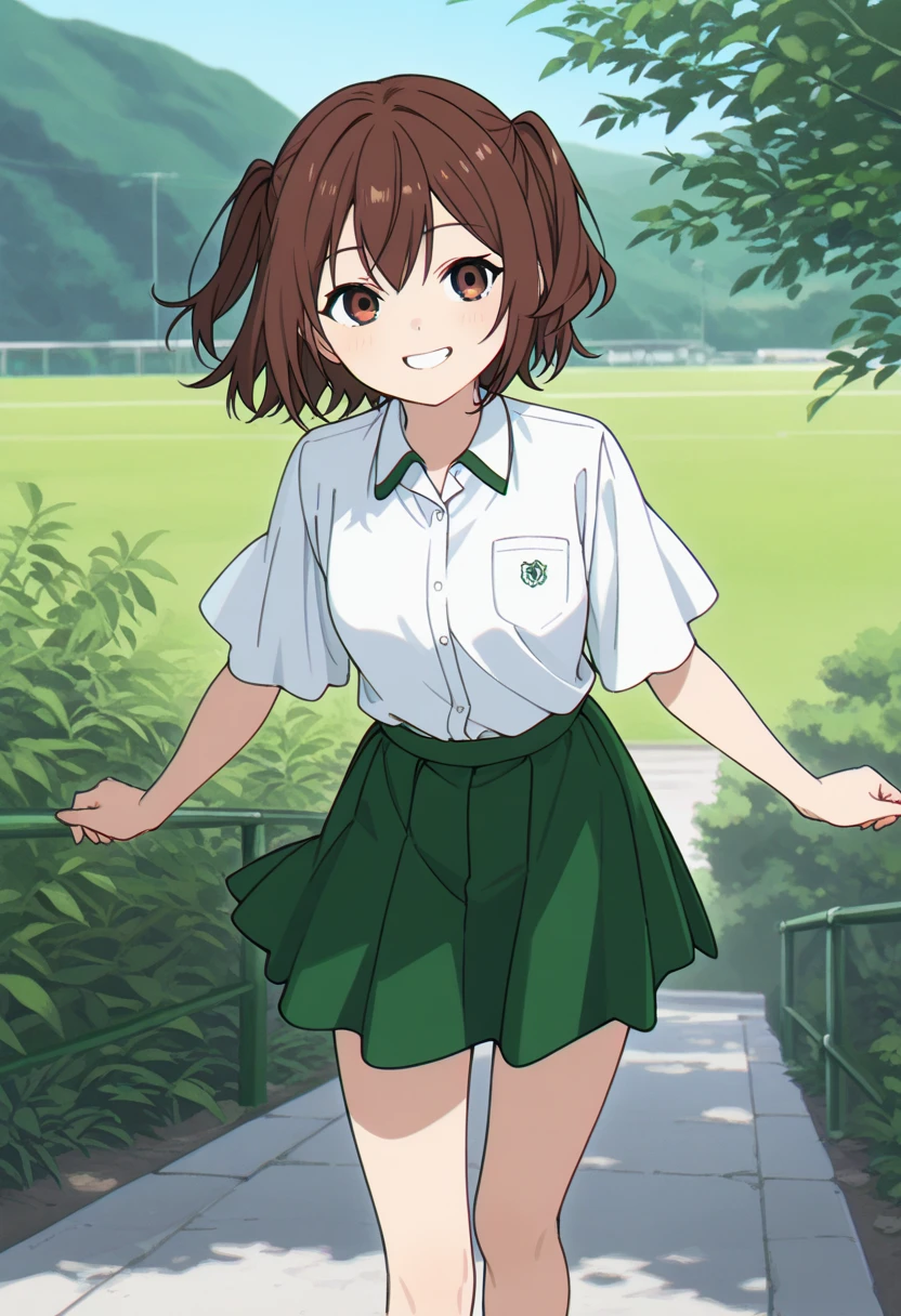 score_9, KpBackgroundGirl1, smiling, outdoors, 1 Kanne solo, collared shirt, short sleeves, green skirt